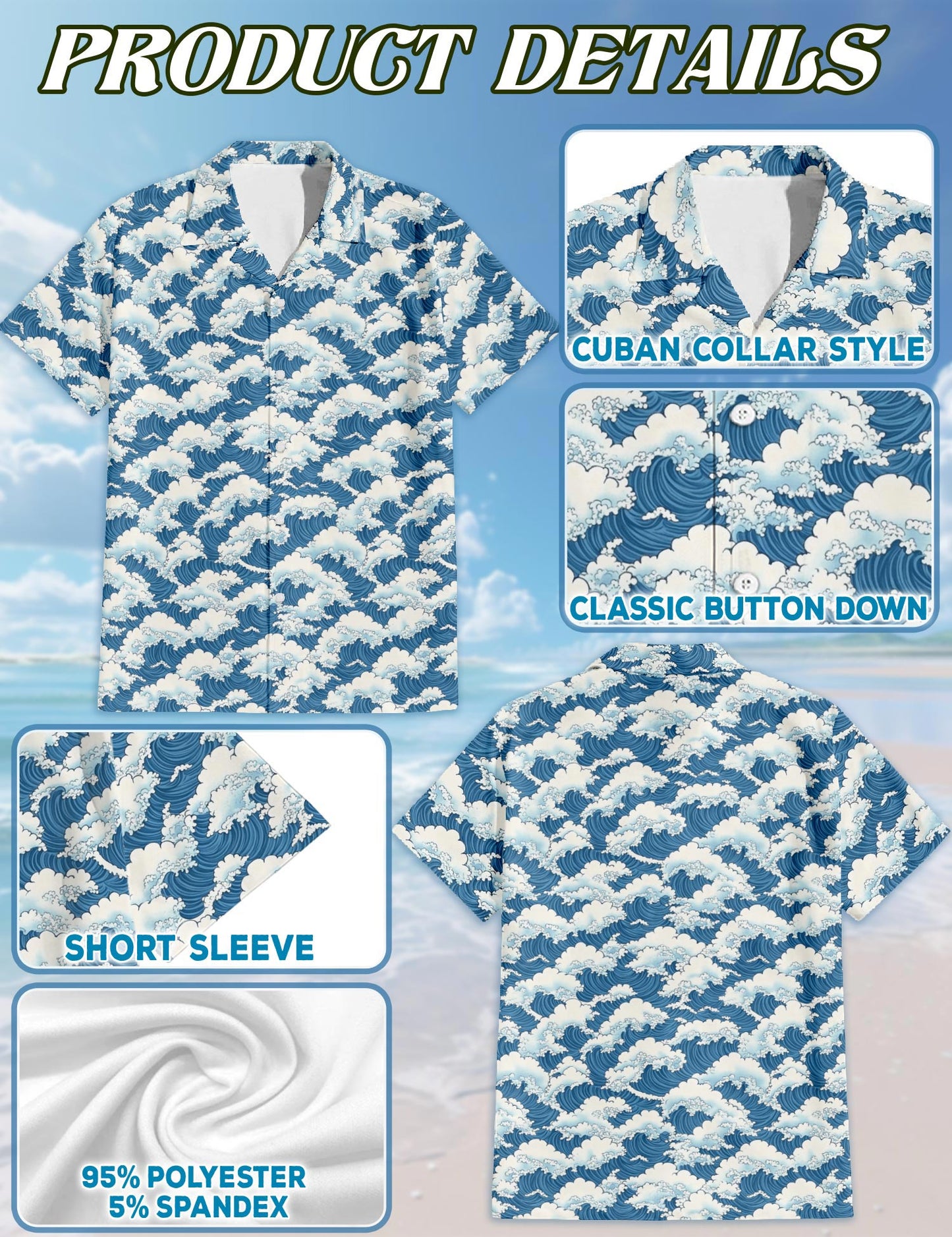 Wave Japan Style Hawaiian Shirt for Men, Button Down Aloha Shirt - Azhawaiian