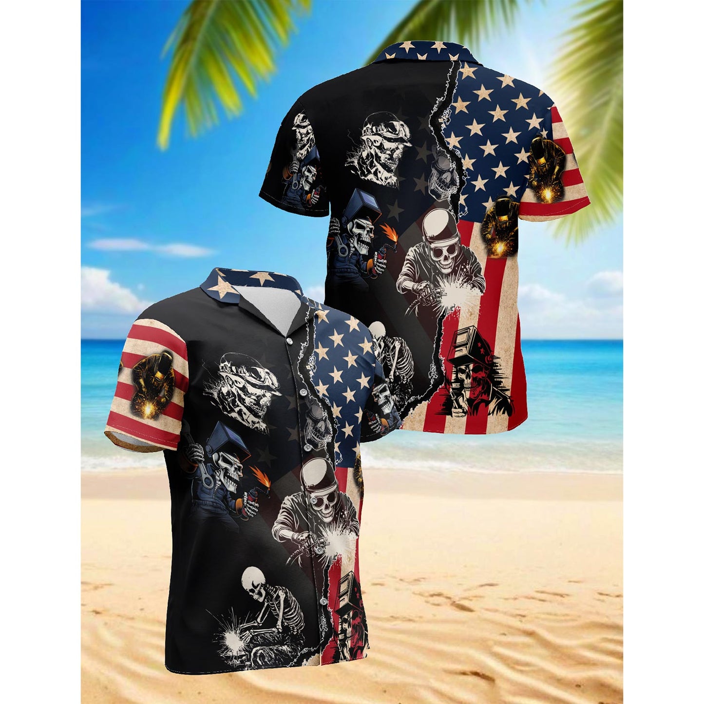 Welder Patriotic Hawaiian Shirt for Men, Button Down Aloha Shirt - Azhawaiian