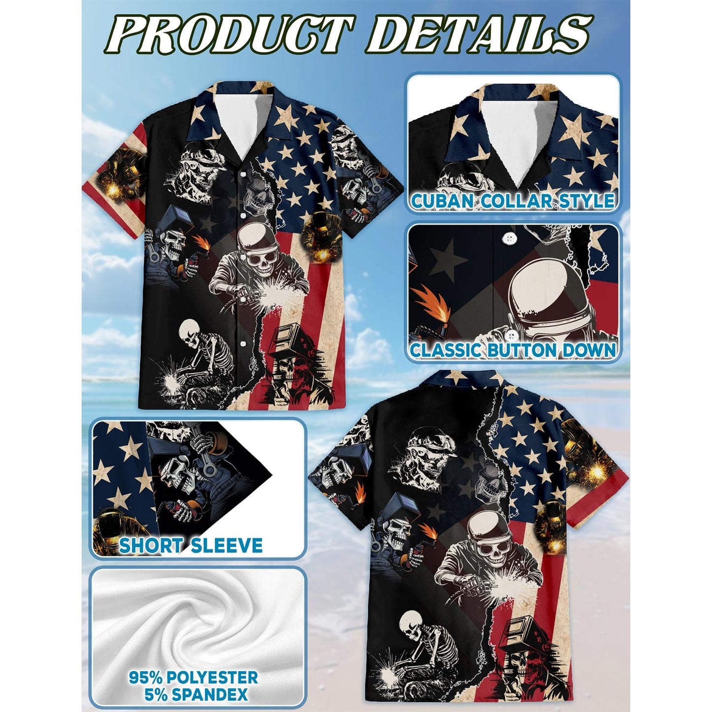 Welder Patriotic Hawaiian Shirt for Men, Button Down Aloha Shirt - Azhawaiian
