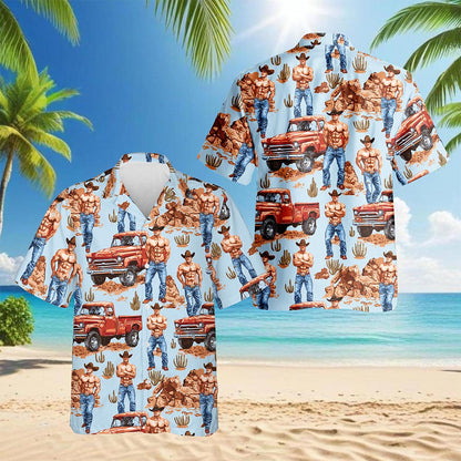 Western Cowboy Vintage Car Hawaiian Shirt for Men, Button Down Aloha Shirt - Azhawaiian