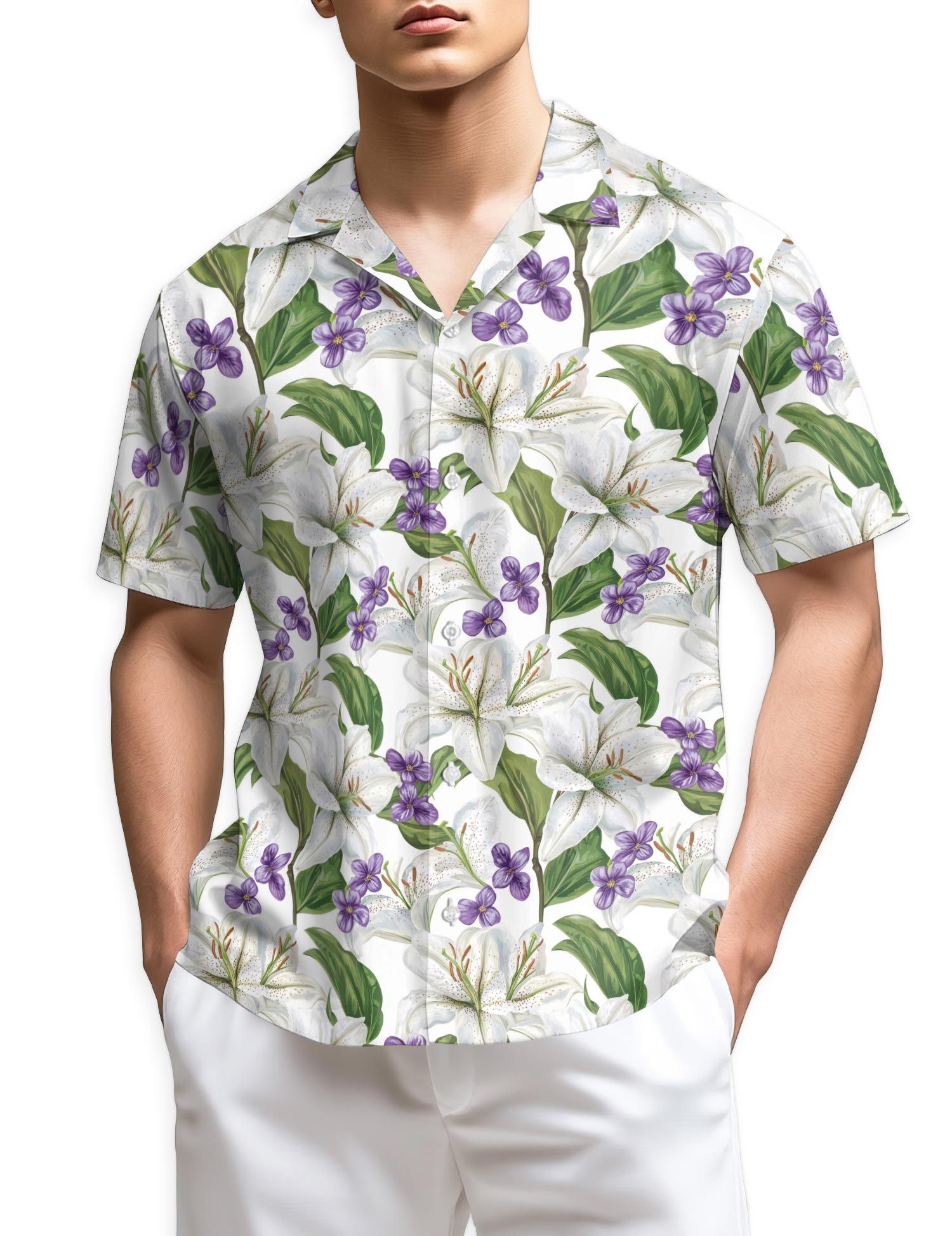Azhawaiian White Lilies With Violets Hawaiian Shirt for Men