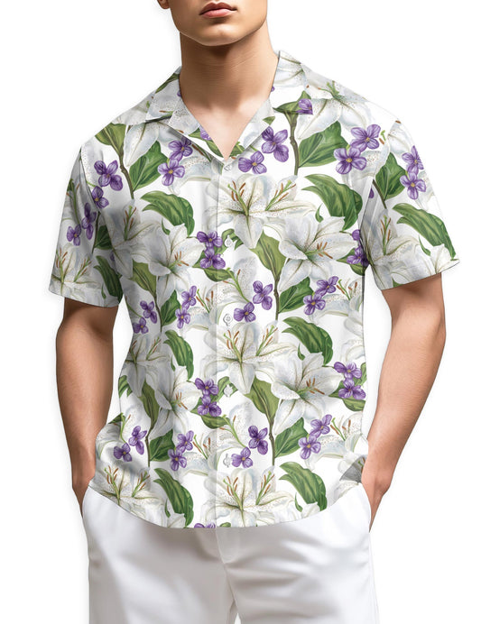 Azhawaiian White Lilies With Violets Hawaiian Shirt for Men