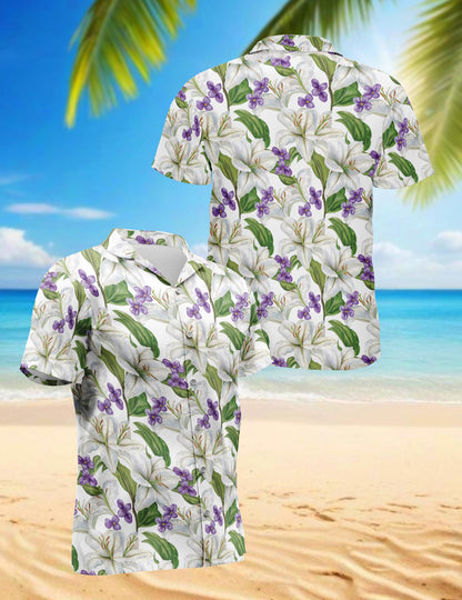 White Lilies With Violets Hawaiian Shirt for Men, Button Down Aloha Shirt - Azhawaiian