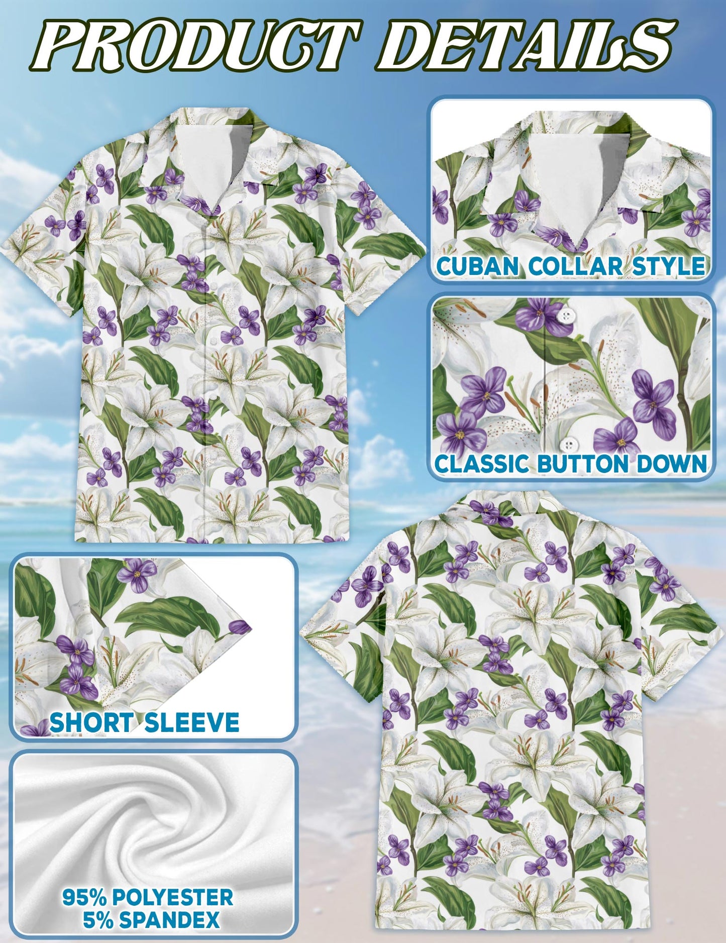 White Lilies With Violets Hawaiian Shirt for Men, Button Down Aloha Shirt - Azhawaiian
