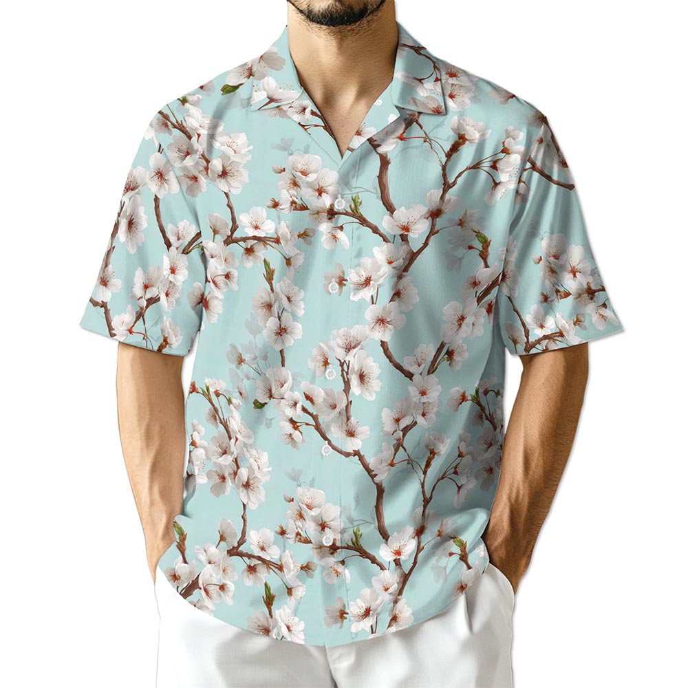 Azhawaiian White Sakura Cherry Blossom Hawaiian Shirt for Men