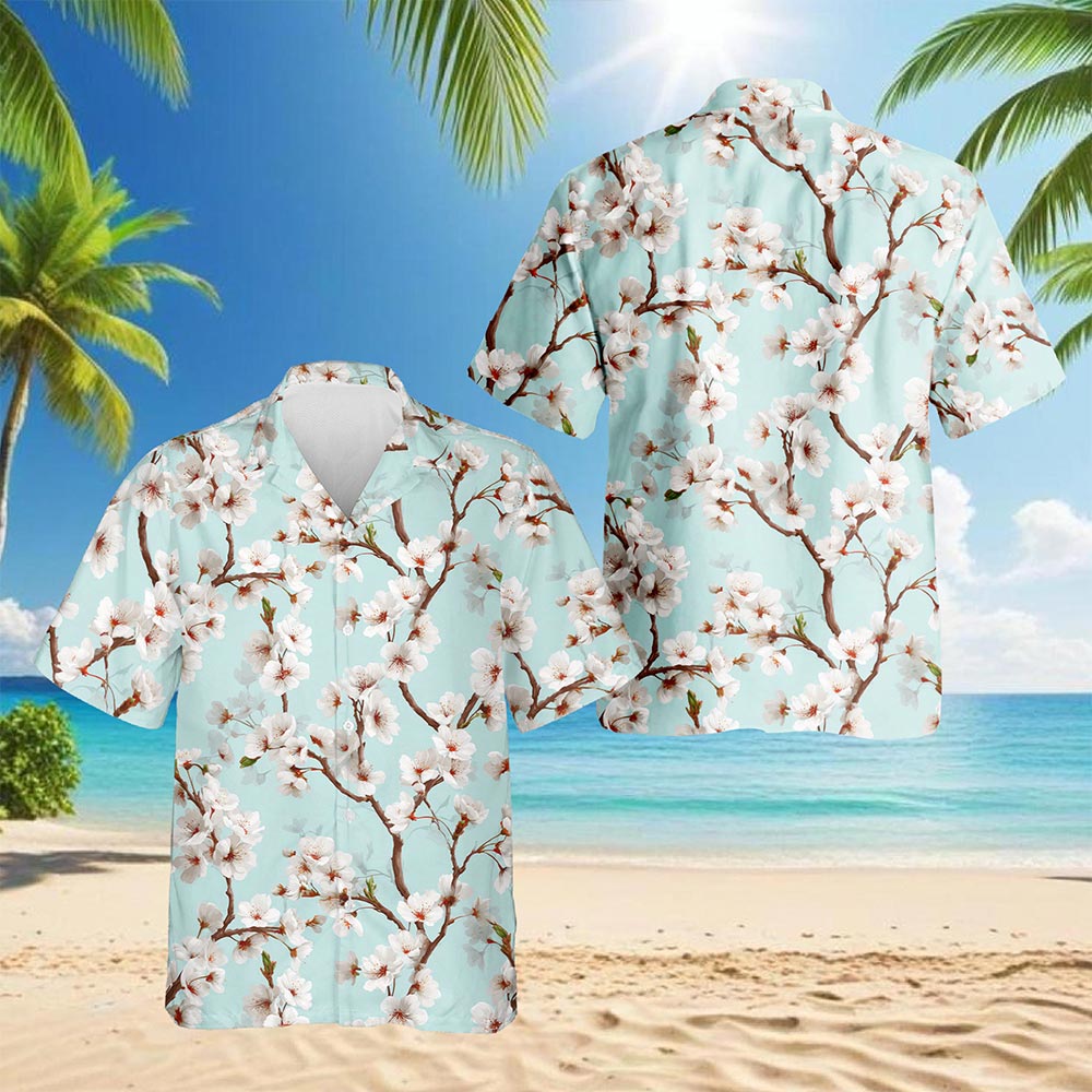 White Sakura Cherry Blossom Hawaiian Shirt for Men, Button Down Aloha Shirt - Azhawaiian