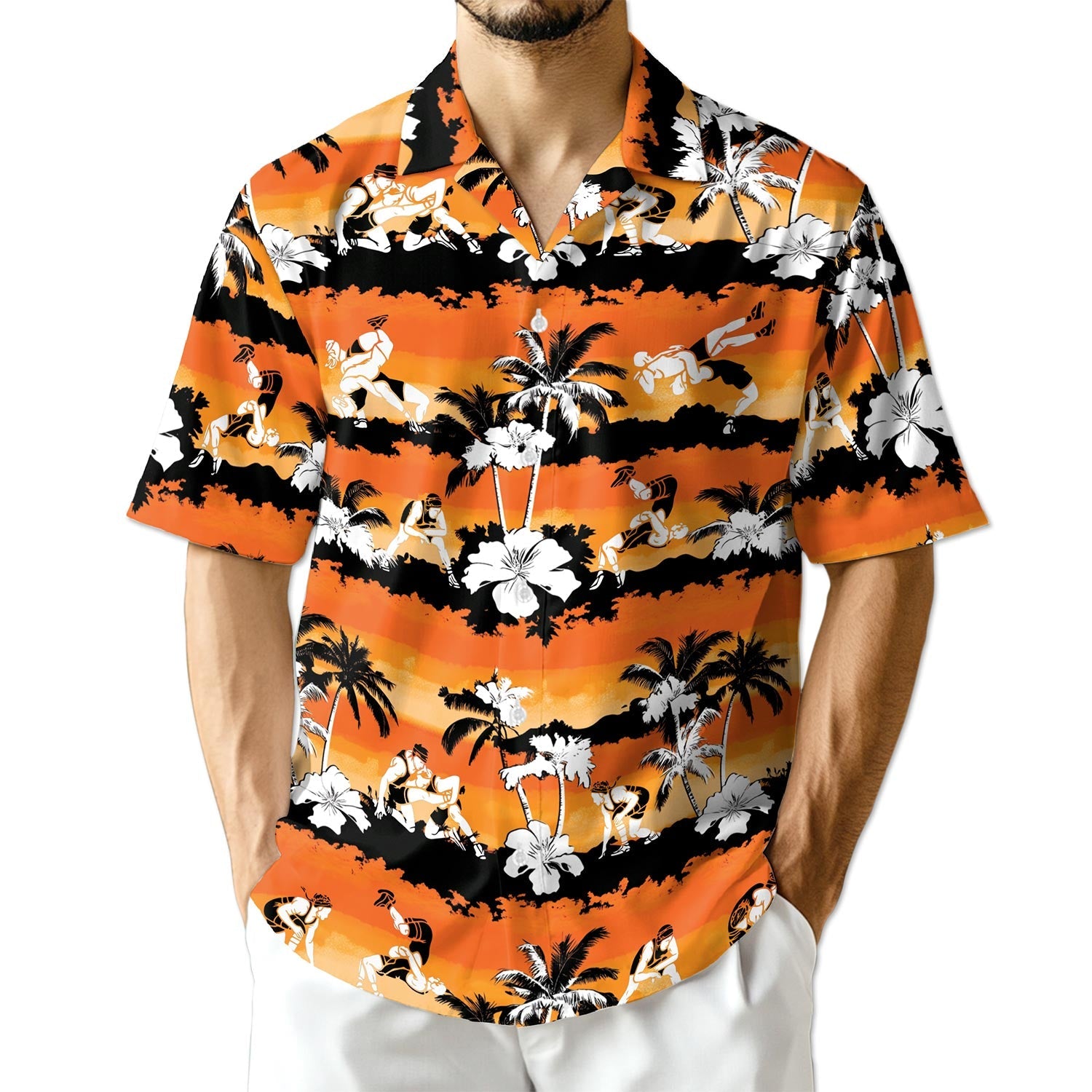 Azhawaiian Wrestling Orange Hibiscus Hawaiian Shirt for Men