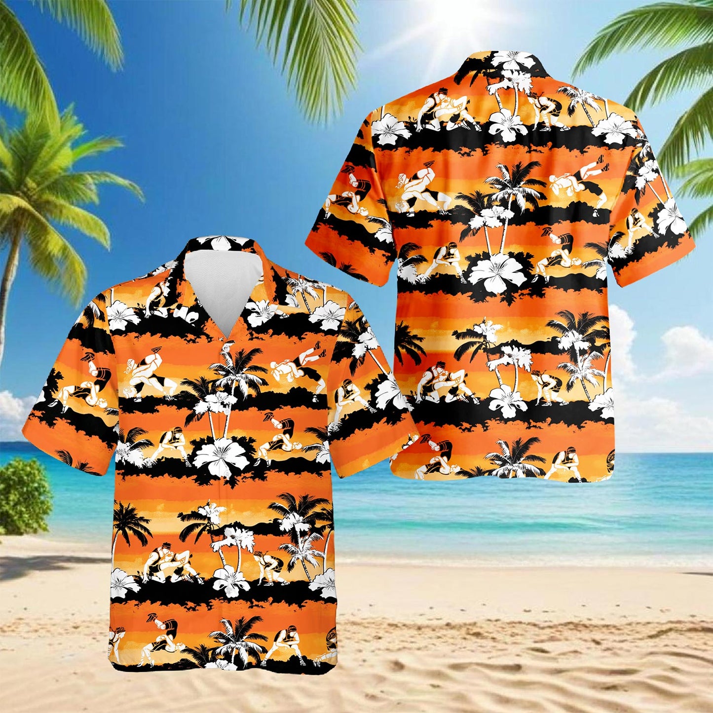 Wrestling Orange Hibiscus Hawaiian Shirt for Men, Button Down Aloha Shirt - Azhawaiian