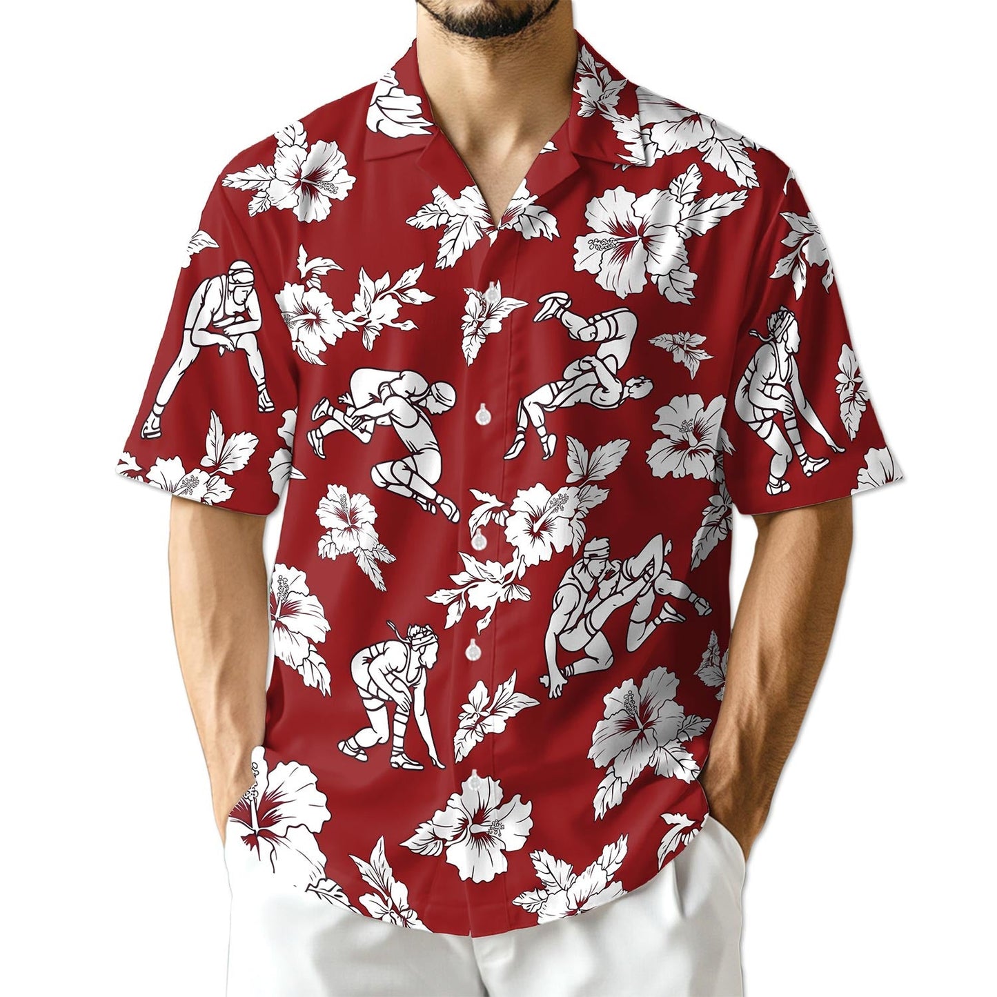 Azhawaiian Wrestling Red Hibiscus Hawaiian Shirt for Men