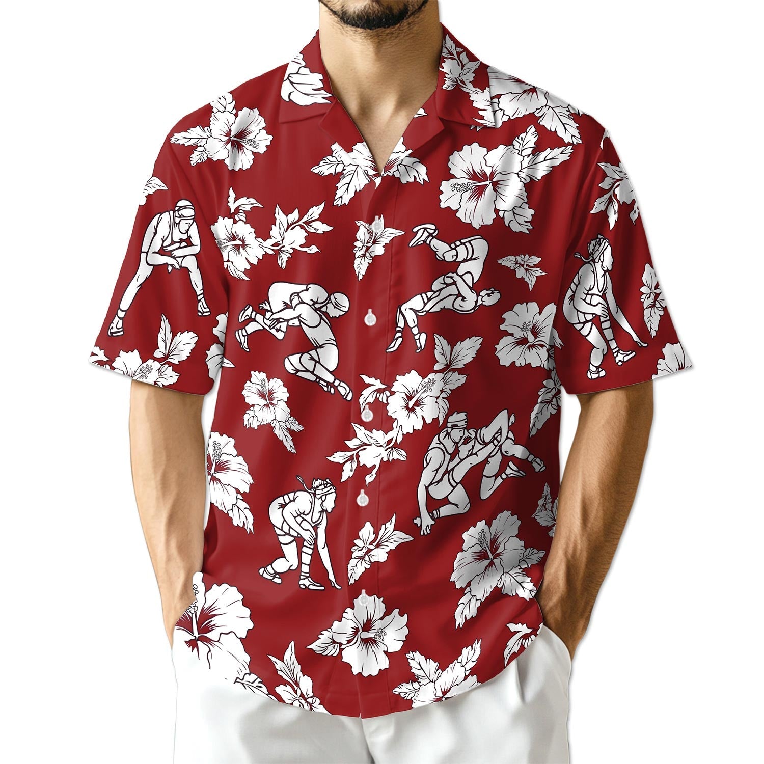 Azhawaiian Wrestling Red Hibiscus Hawaiian Shirt for Men