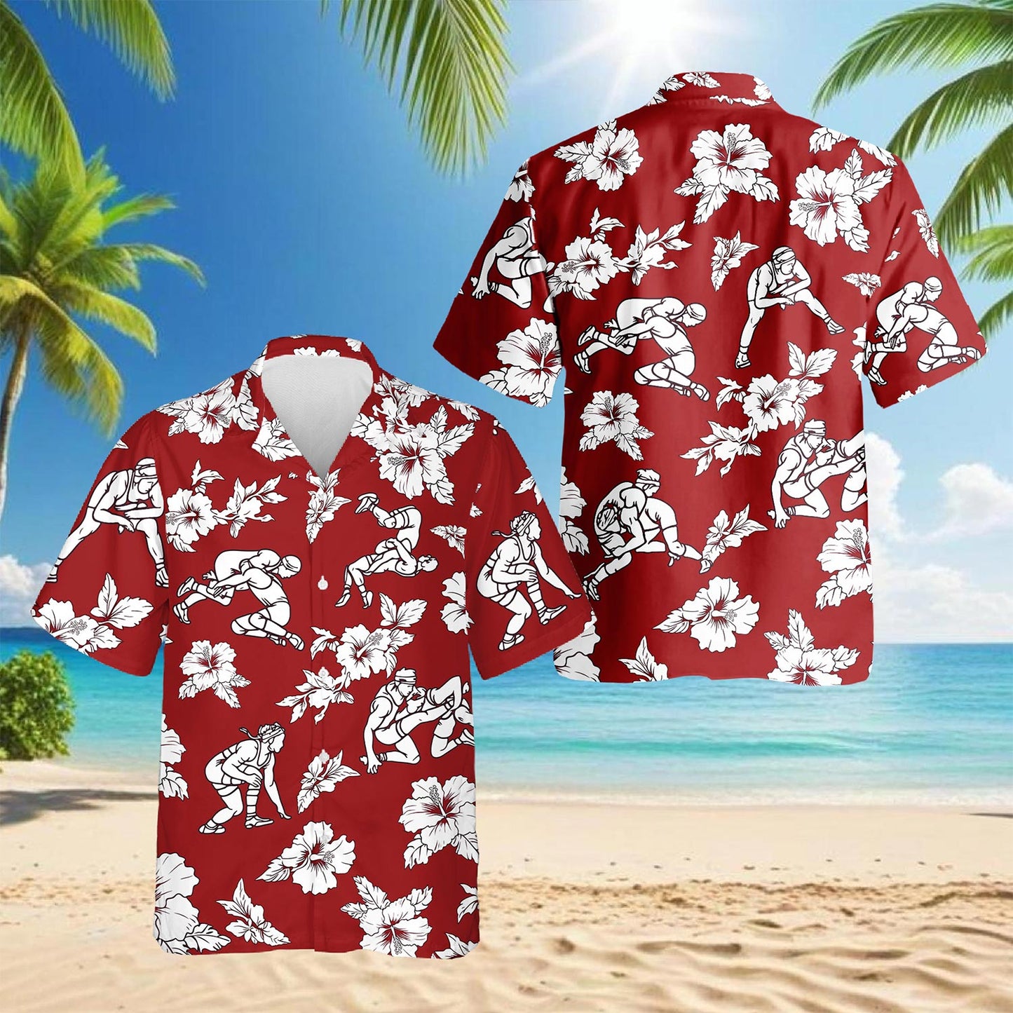Wrestling Red Hibiscus Hawaiian Shirt for Men, Button Down Aloha Shirt - Azhawaiian