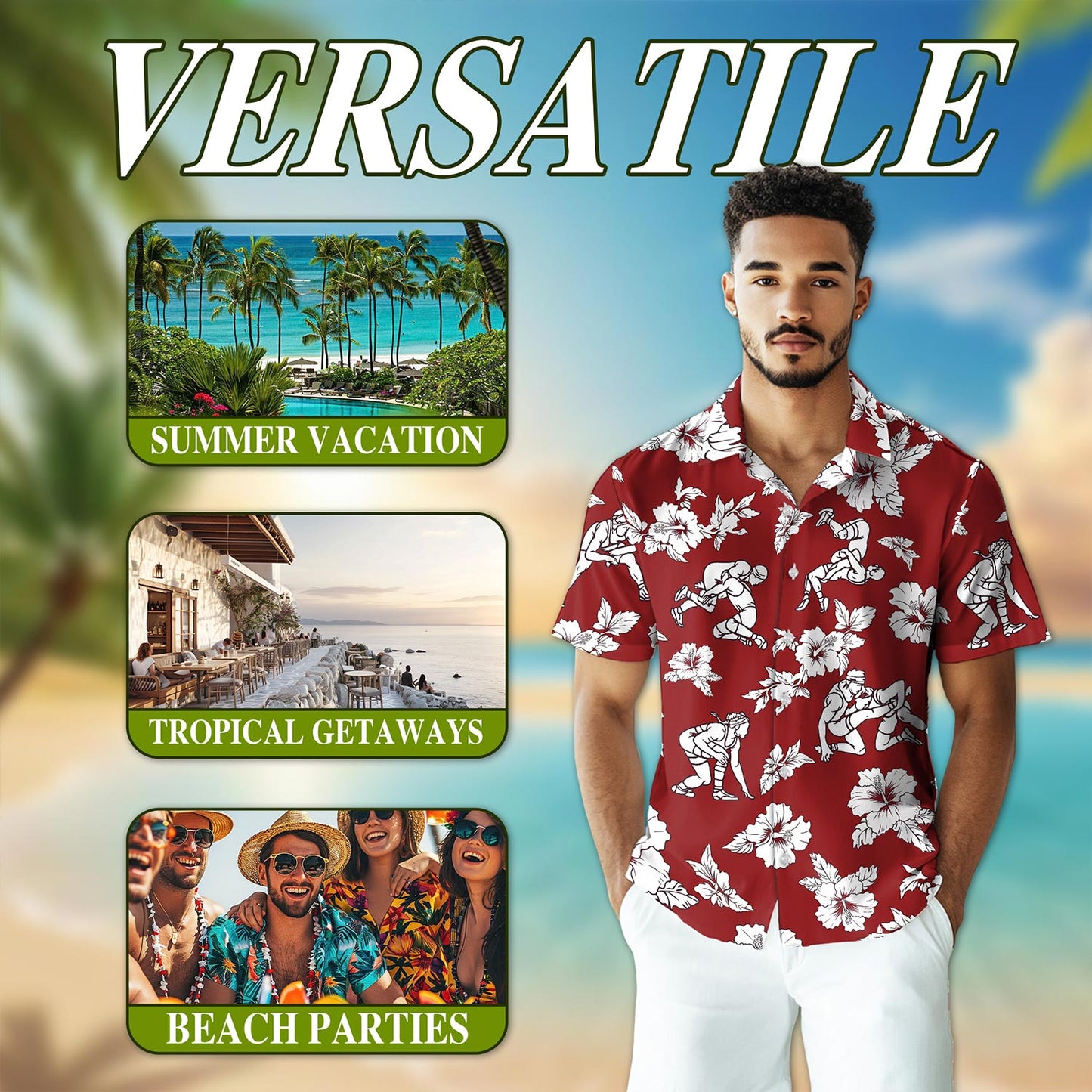 Wrestling Red Hibiscus Hawaiian Shirt for Men, Button Down Aloha Shirt - Azhawaiian