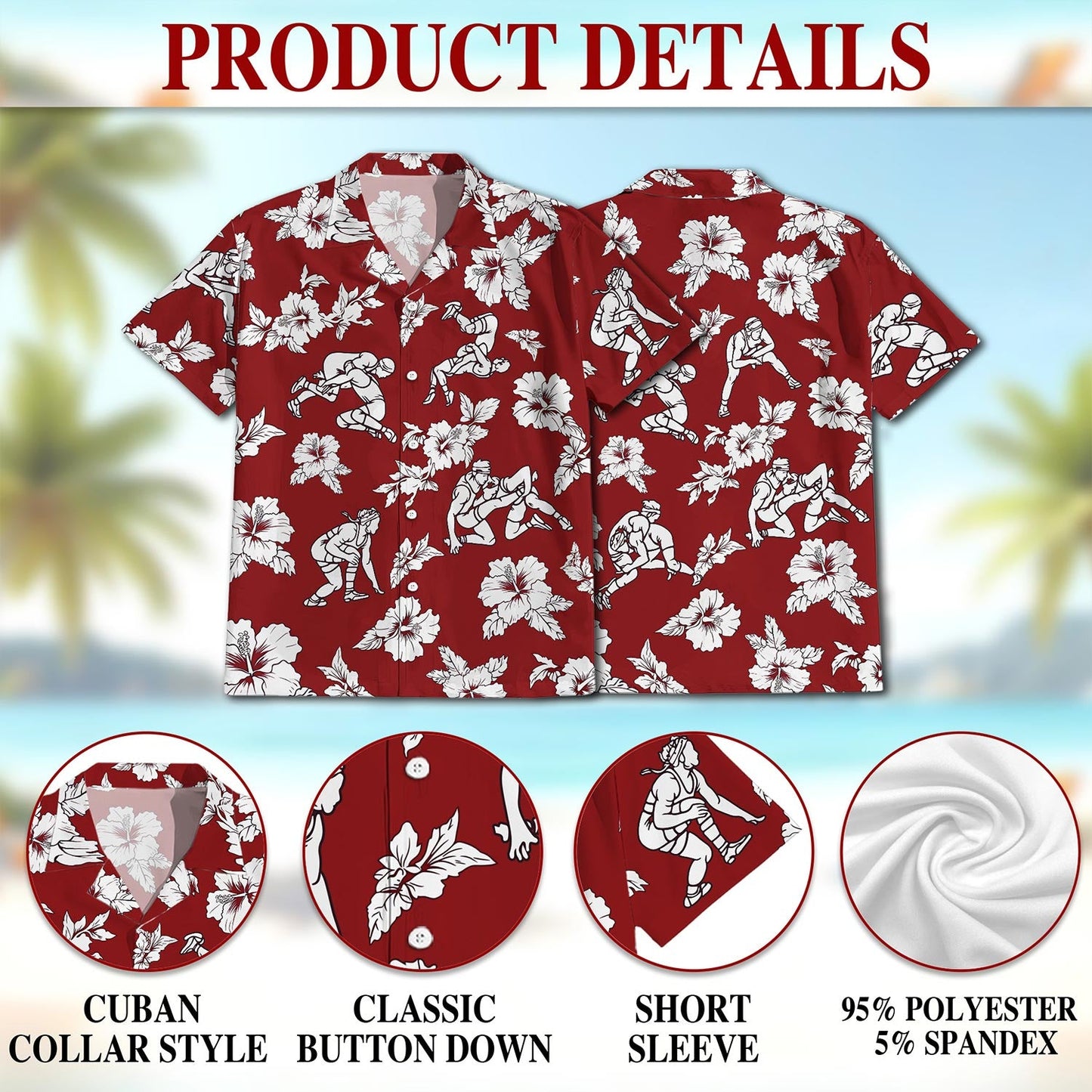 Wrestling Red Hibiscus Hawaiian Shirt for Men, Button Down Aloha Shirt - Azhawaiian
