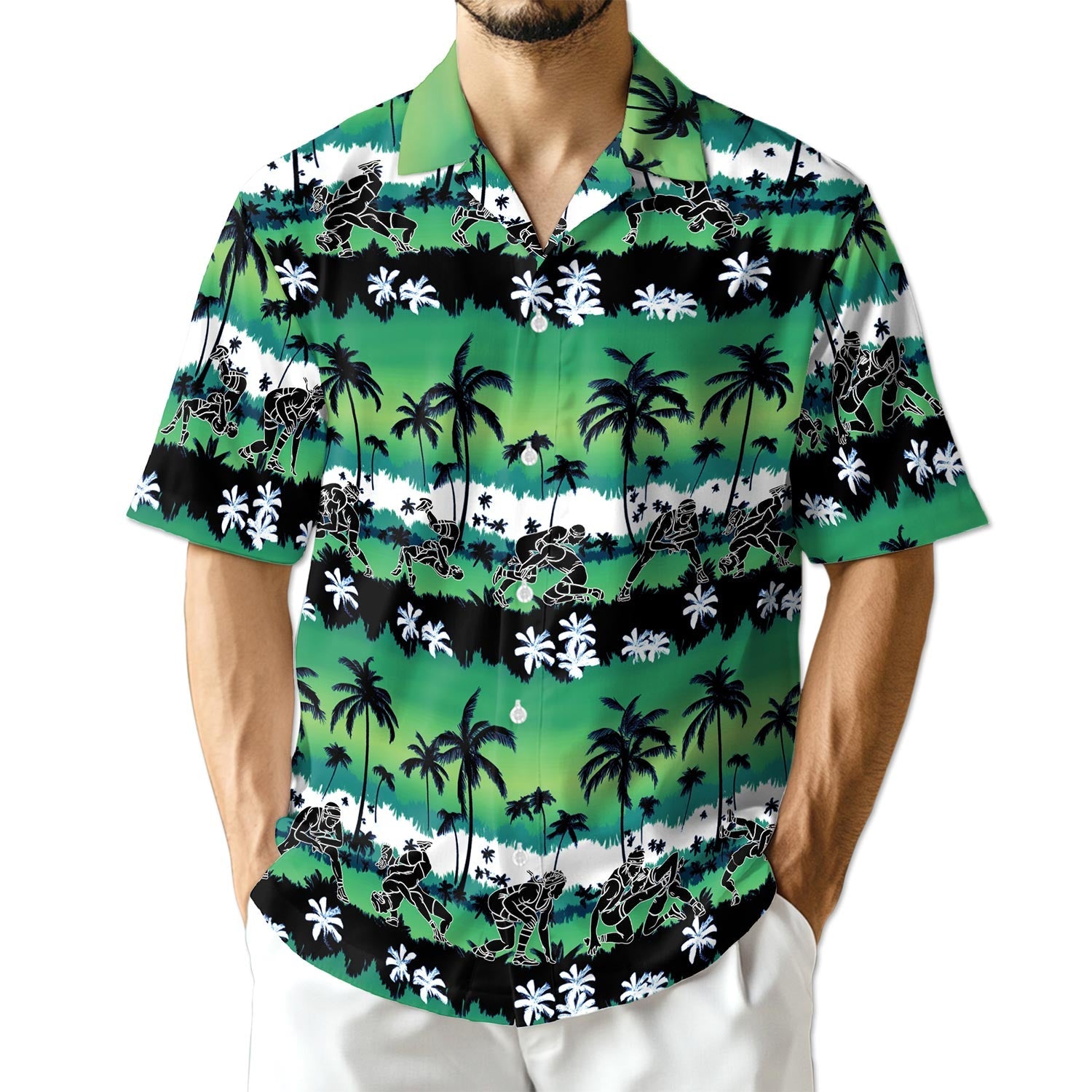 Azhawaiian Wrestling Time Green Palm Tree Hawaiian Shirt for Men