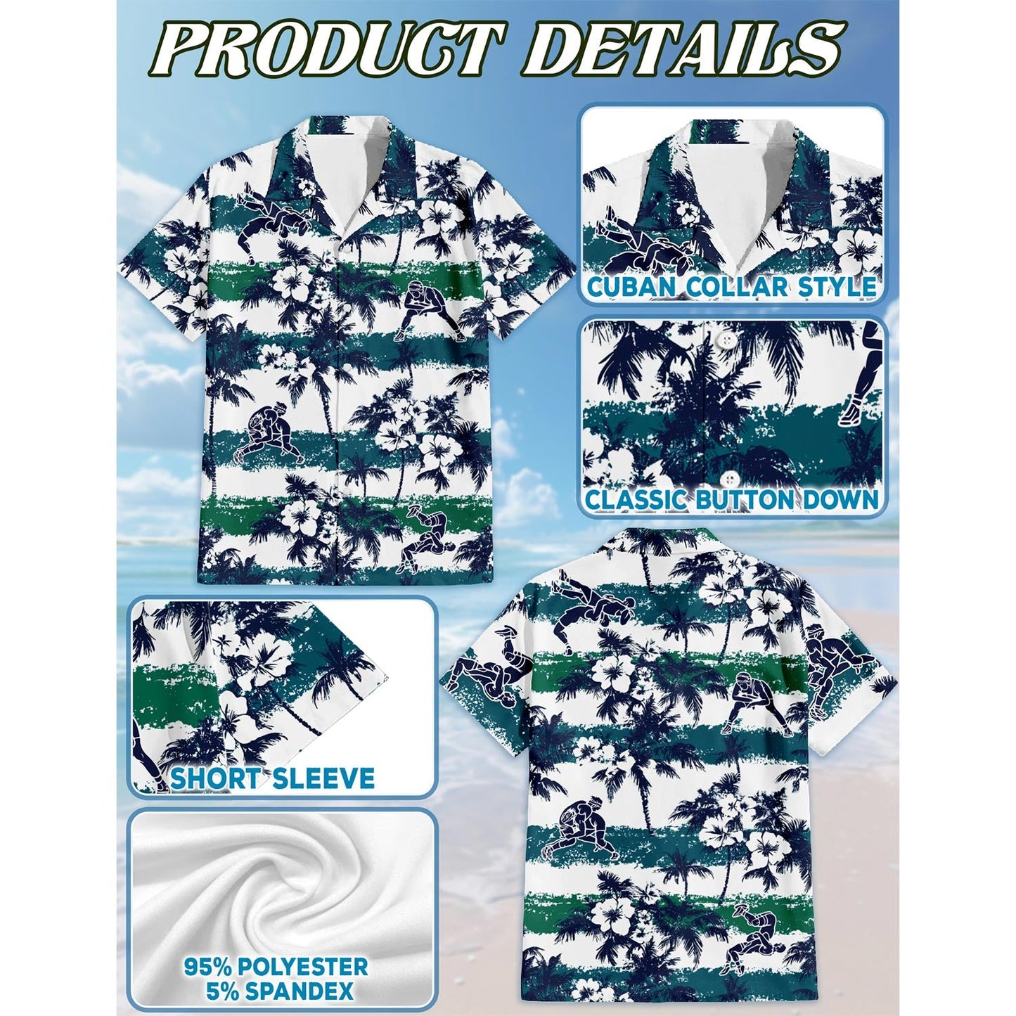 Wrestling White Palm Hawaiian Shirt for Men, Button Down Aloha Shirt - Azhawaiian