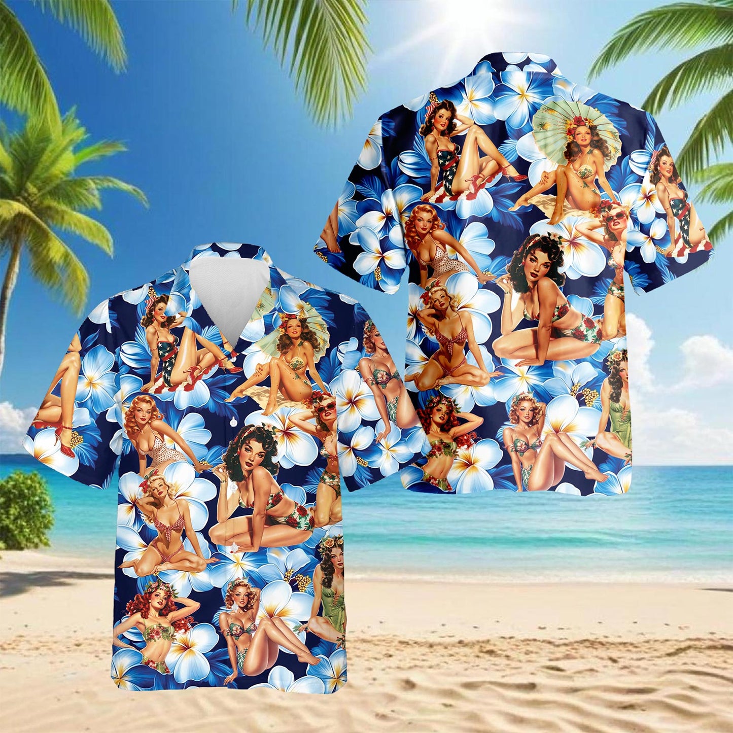 Tropical Pinup Girl Hawaiian Shirt for Men, Button Down Aloha Shirt - Azhawaiian
