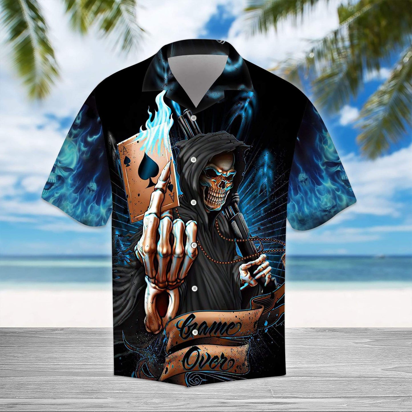 Ace Grim Reaper Blue Flame Skull Gothic Hawaiian Aloha Shirts #VI