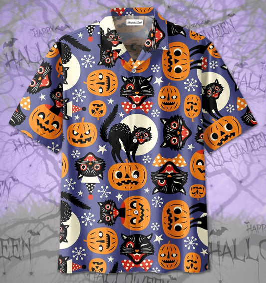 Happy Halloween Hawaiian Aloha Shirts Cute Pumpkin Face Black Cat Pattern