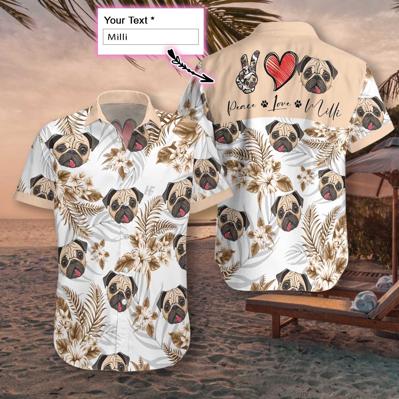 Personalized Peace Love Pug Custom Hawaiian Shirt