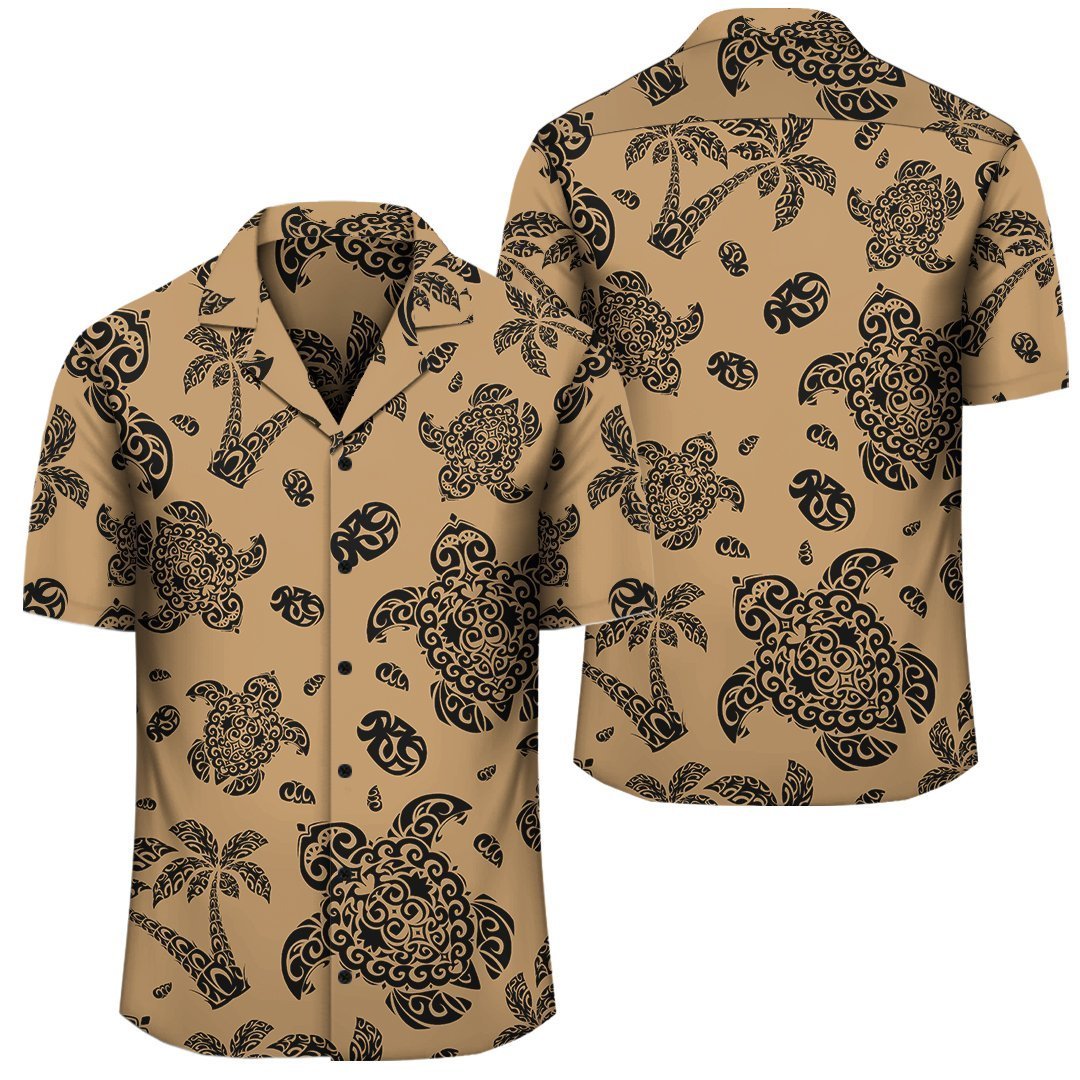 Polynesian Turtle Palm And Sea Pebbles Gold Hawaiian Shirt