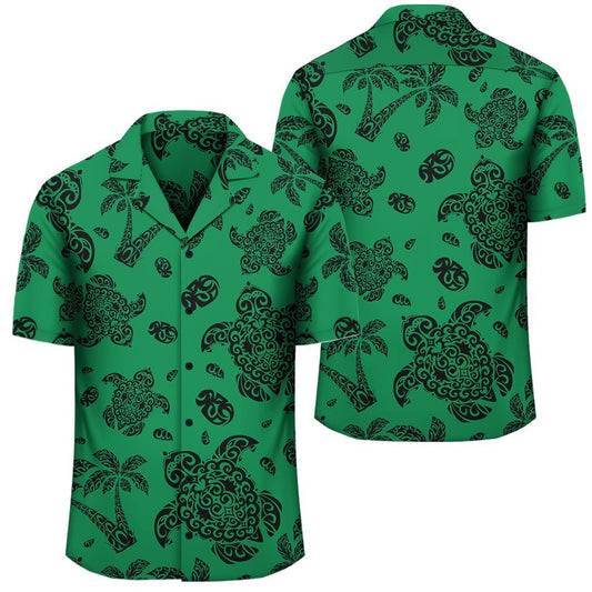 Polynesian Turtle Palm And Sea Pebbles Green Hawaiian Shirt