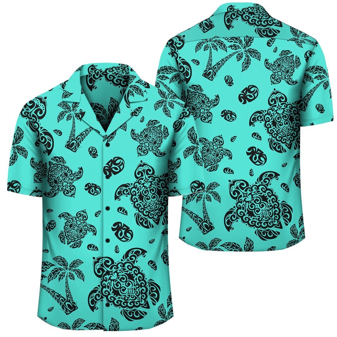 Polynesian Turtle Palm And Sea Pebbles Turquoise Hawaiian Shirt