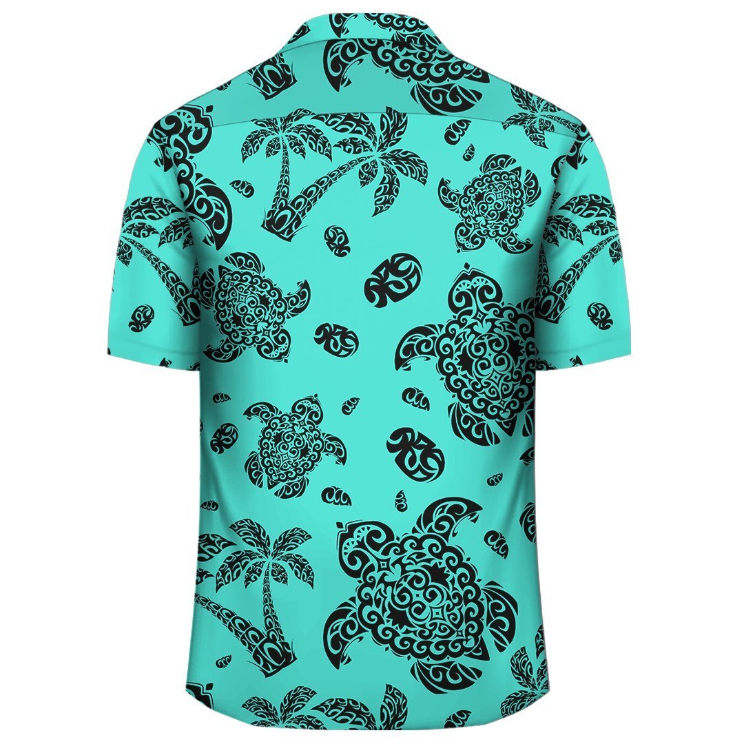 Polynesian Turtle Palm And Sea Pebbles Turquoise Hawaiian Shirt