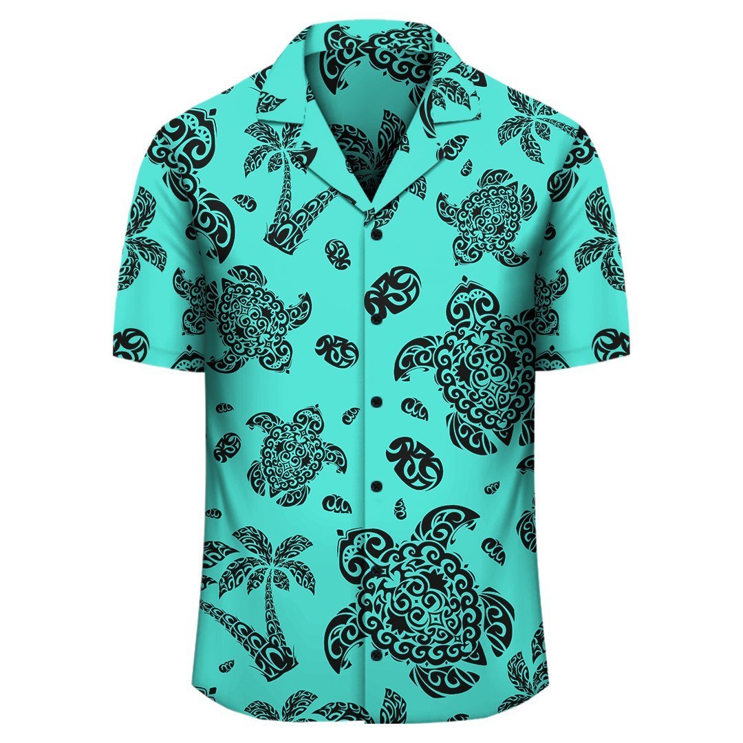 Polynesian Turtle Palm And Sea Pebbles Turquoise Hawaiian Shirt