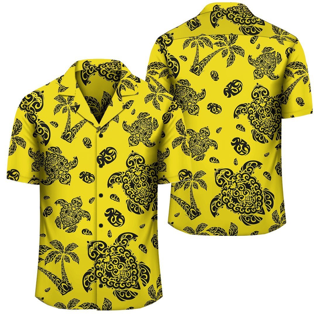 Polynesian Turtle Palm And Sea Pebbles Yellow Hawaiian Shirt