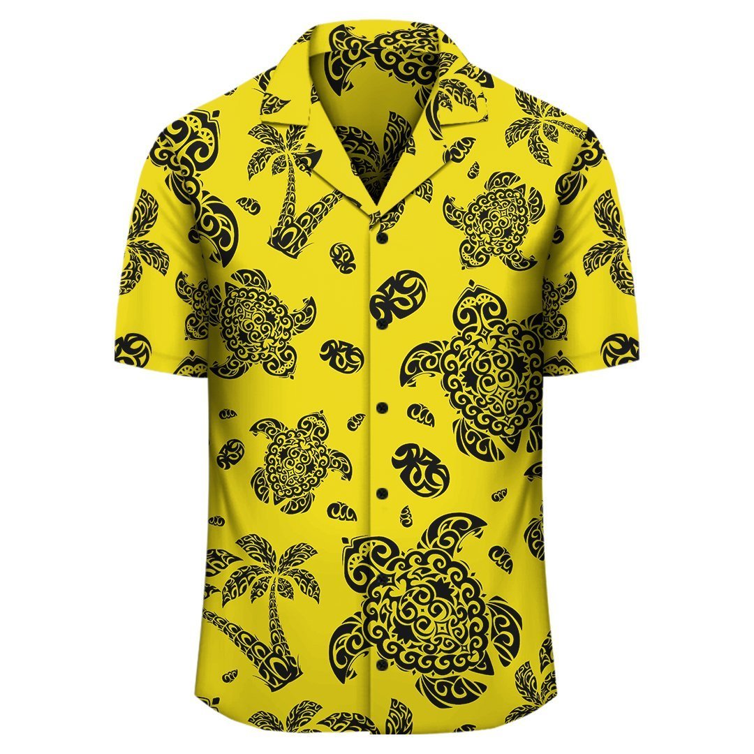 Polynesian Turtle Palm And Sea Pebbles Yellow Hawaiian Shirt