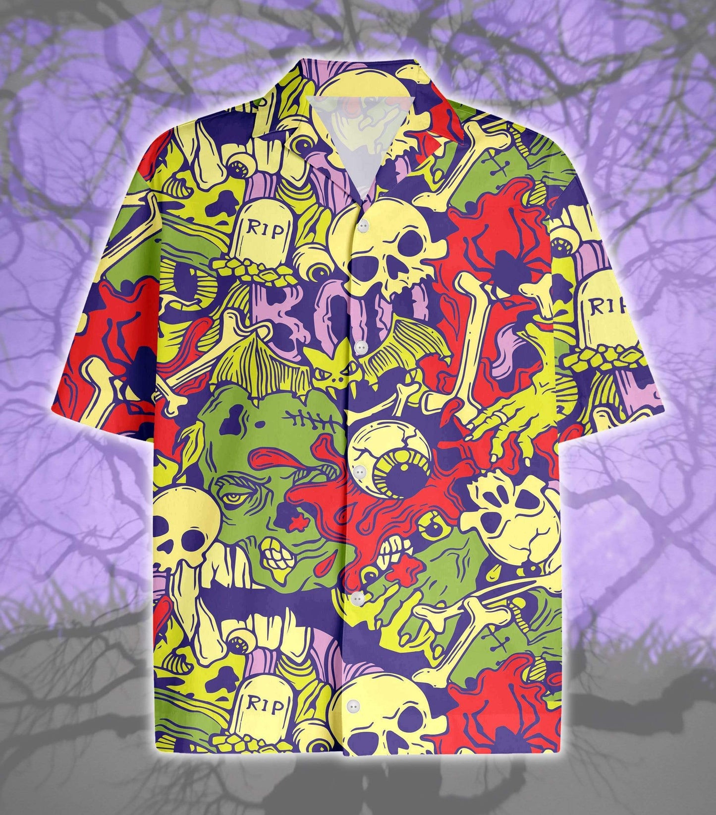 Hippie Colorful Halloween Hawaiian Aloha Shirts Scary Skull Boo Monster