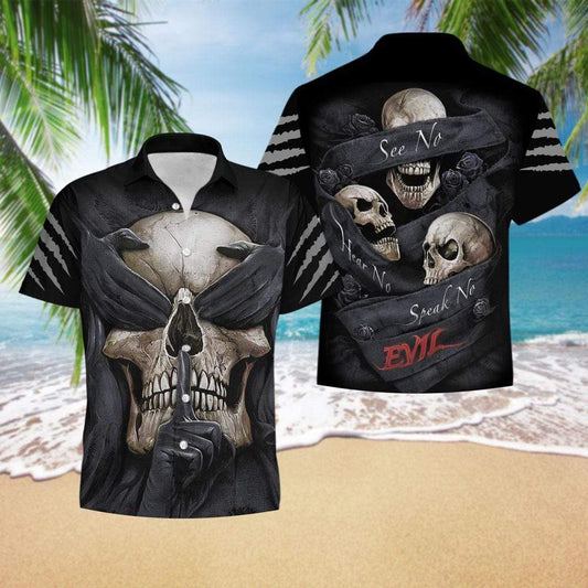 Halloween Three Wise Skulls See Hear Speak No Evil Gothic Hawaiian Aloha Shirts #VI