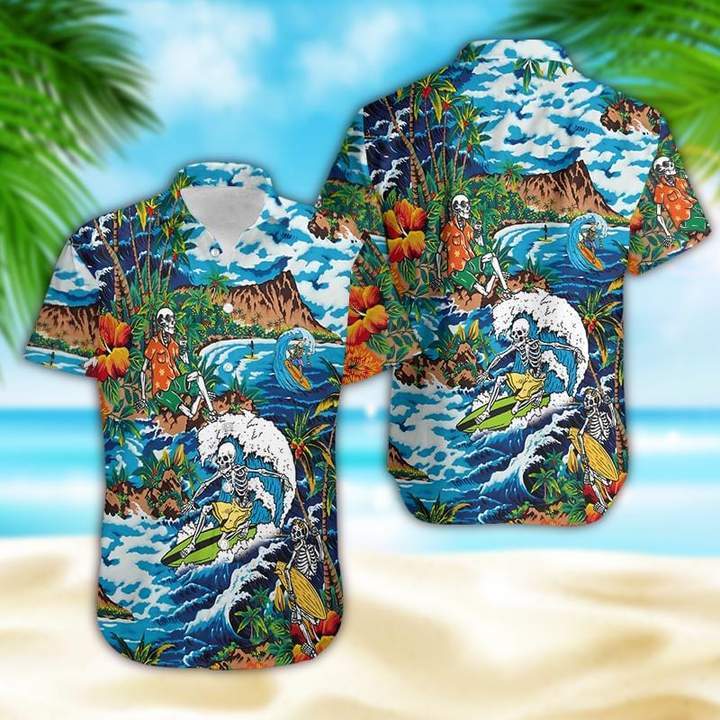 Skeleton Surfing On Tropical Island Halloween Hawaiian Shirt | For Men & Women | Adult | HW5990