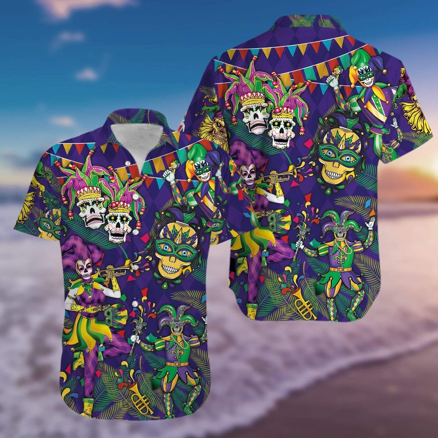 Halloween - Mardi Gras Clown Skull Happy Purple Hawaiian Shirts