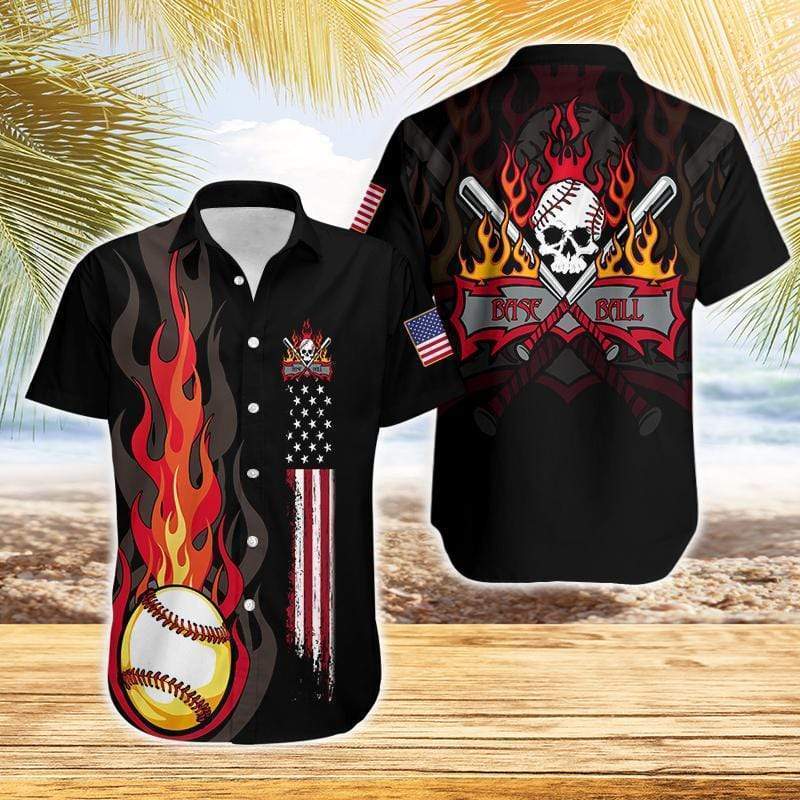 Flame Baseball Skull American Flag Hawaiian Shirts #DH