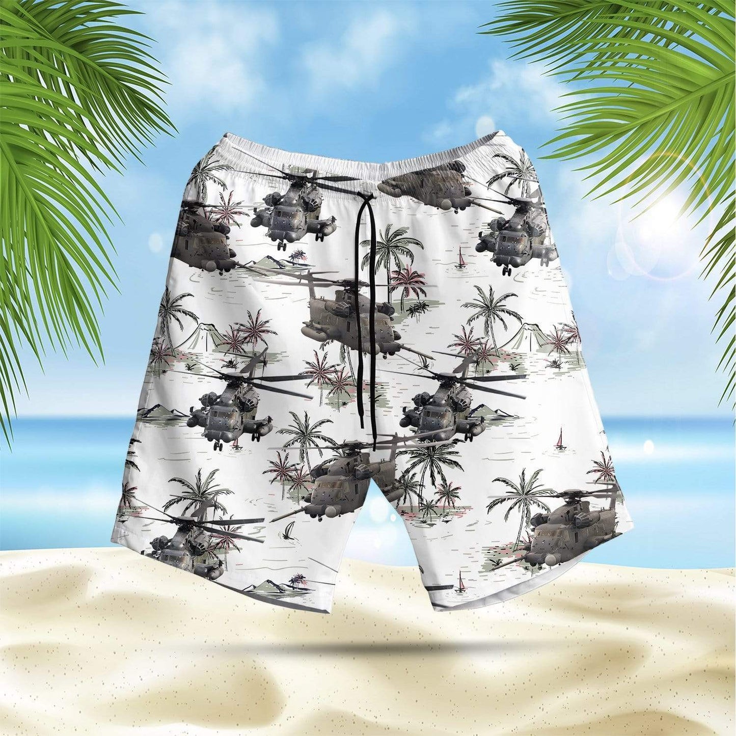 White Pattern Sikorsky MH-53 Pave Low Hawaiian Aloha Shirts or Beach Shorts