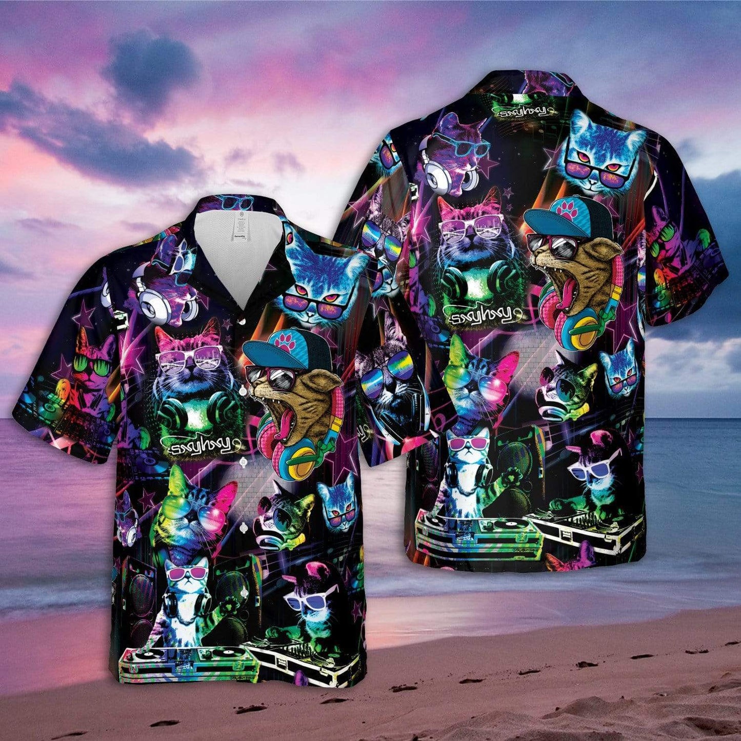 Funny DJ Cats Music Club Dancing Colorful Unisex Hawaiian Aloha Shirts #DH