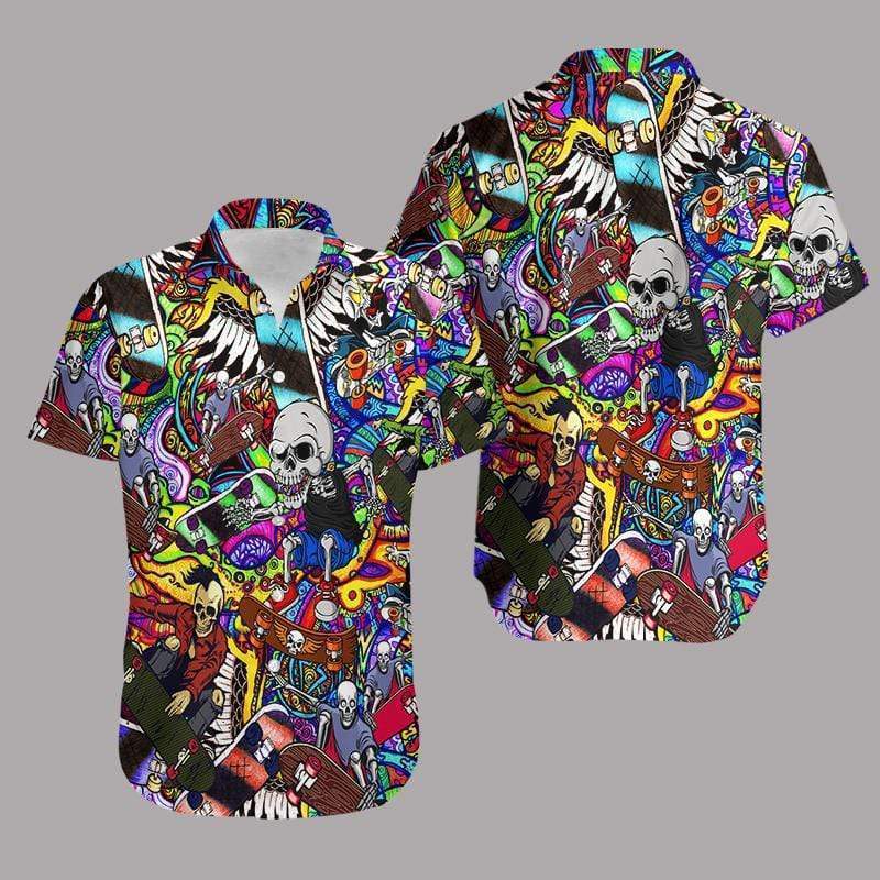 Halloween - Hippie Skull Skating Hawaiian Aloha Shirts #101220dh