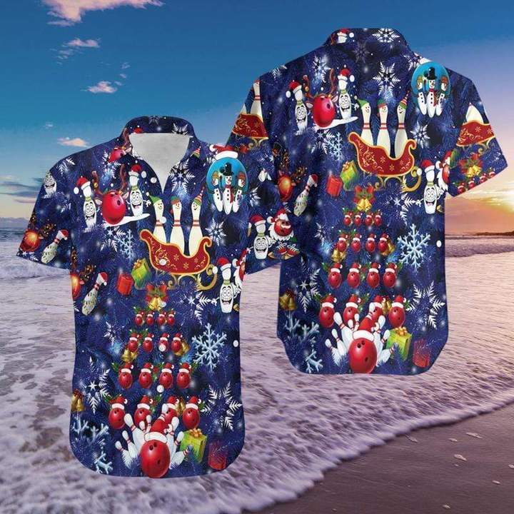 Bowling Merry Christmas Blue Hawaiian Shirt | For Men & Women | Adult | HW5635