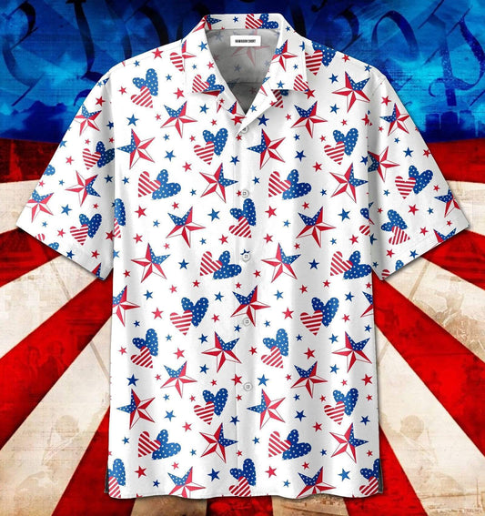 4th of July Star Heart US Flag Patriotism Unisex Hawaiian Aloha Shirts #13621DH