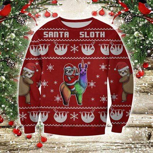 Santa Sloth With Llama Red Ugly Christmas Sweater 