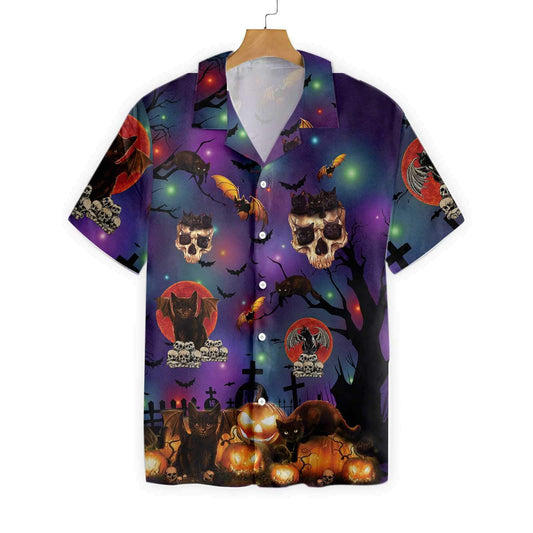 Honor Black Cat Skull Halloween Purple Black Unisex Hawaiian Shirts