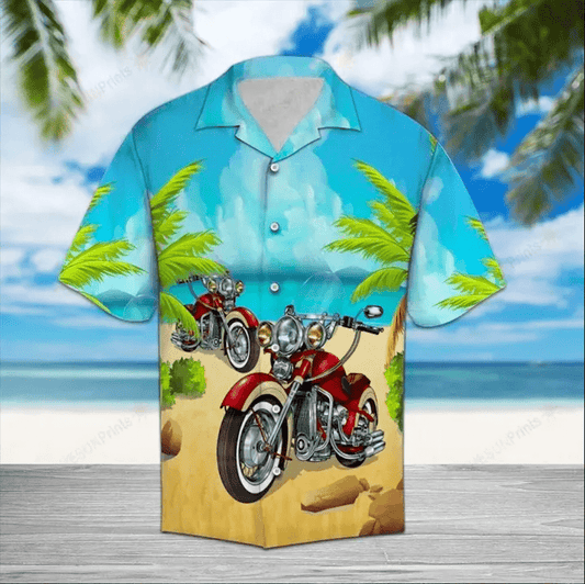 Red Motorcycle On The Beach Blue Unisex Hawaiian Shirts, Summer Shirts, Beach Shirts