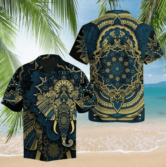 Royal Elephant Mandala Golden Turquoise Hawaiian Shirt | For Men & Women | Adult | HW5636