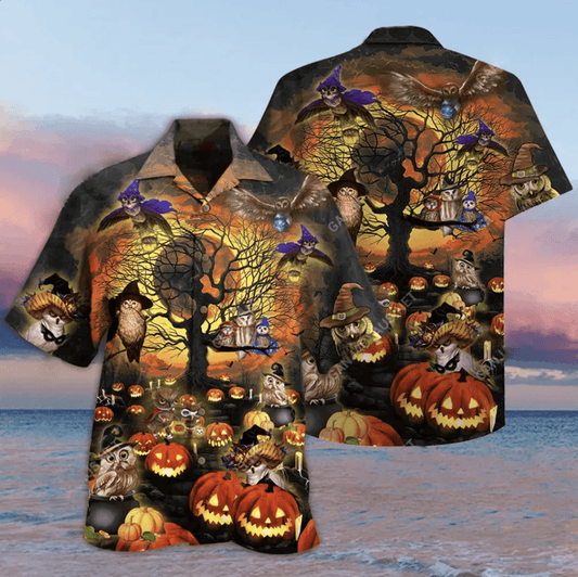 Halloween The Witch Owls Having Fun with Evil Pumkins Hawaiian Aloha Shirts #DH