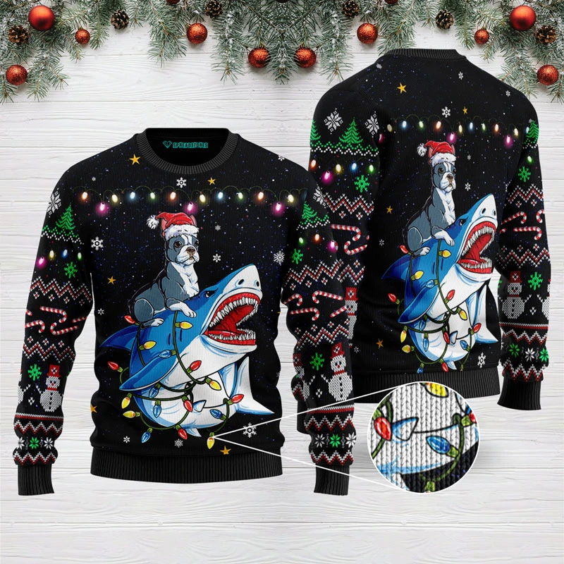 Shark Boston Terrier Ugly Christmas Sweater 