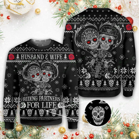 Skull Husband And Wife Ugly Christmas Sweater 