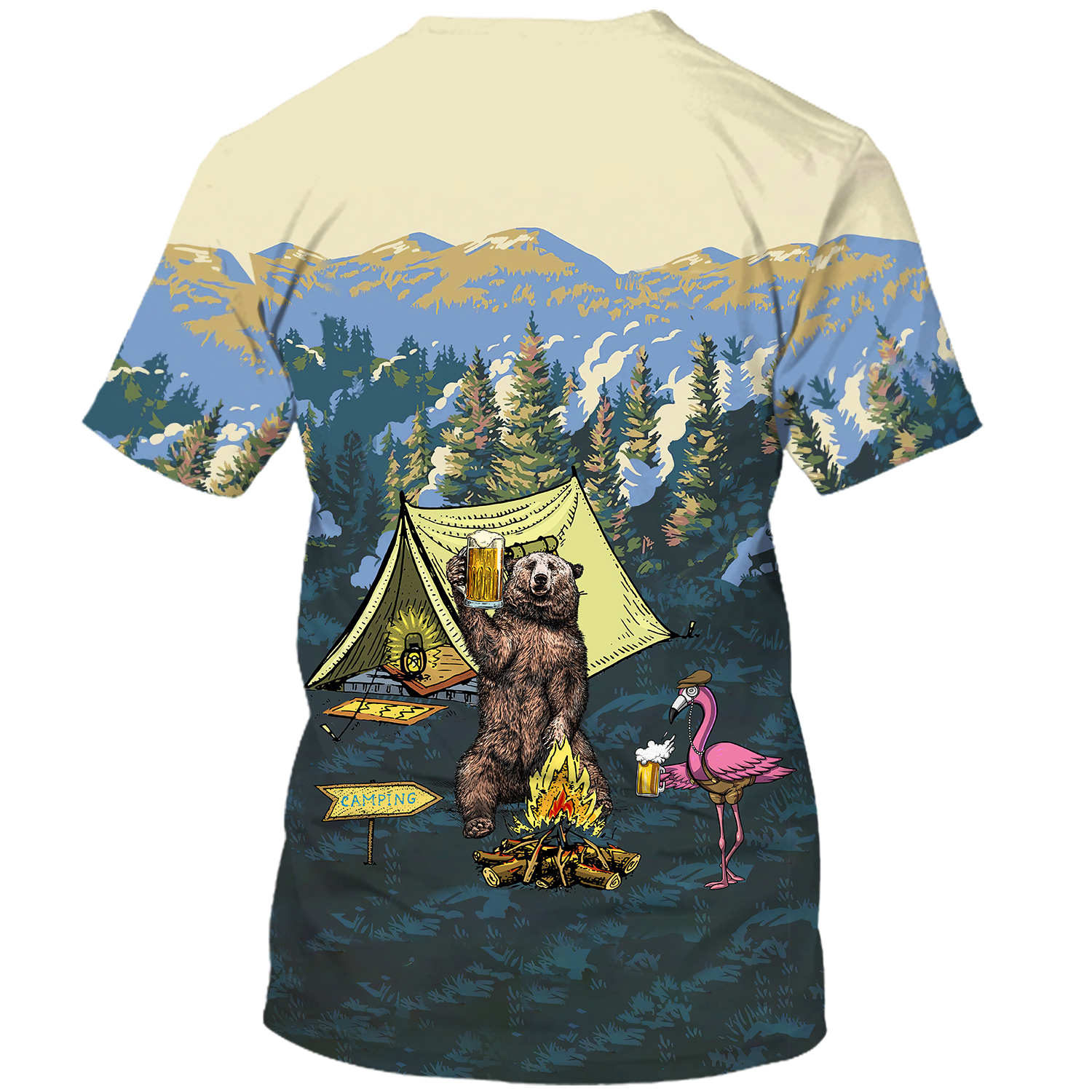 America - Happy Camper Bear & Flamingo Style Hawaii Shirt Hawaiian Shirt