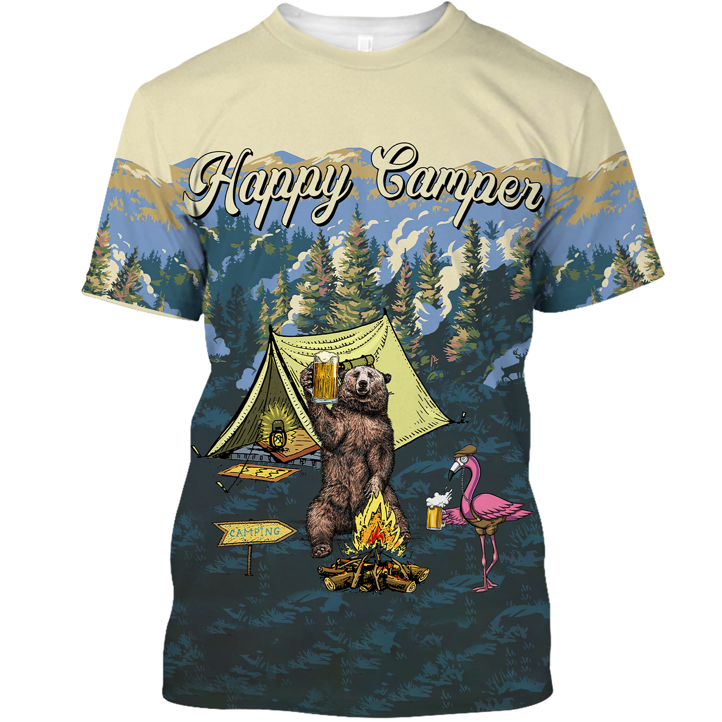 America - Happy Camper Bear & Flamingo Style Hawaii Shirt Hawaiian Shirt