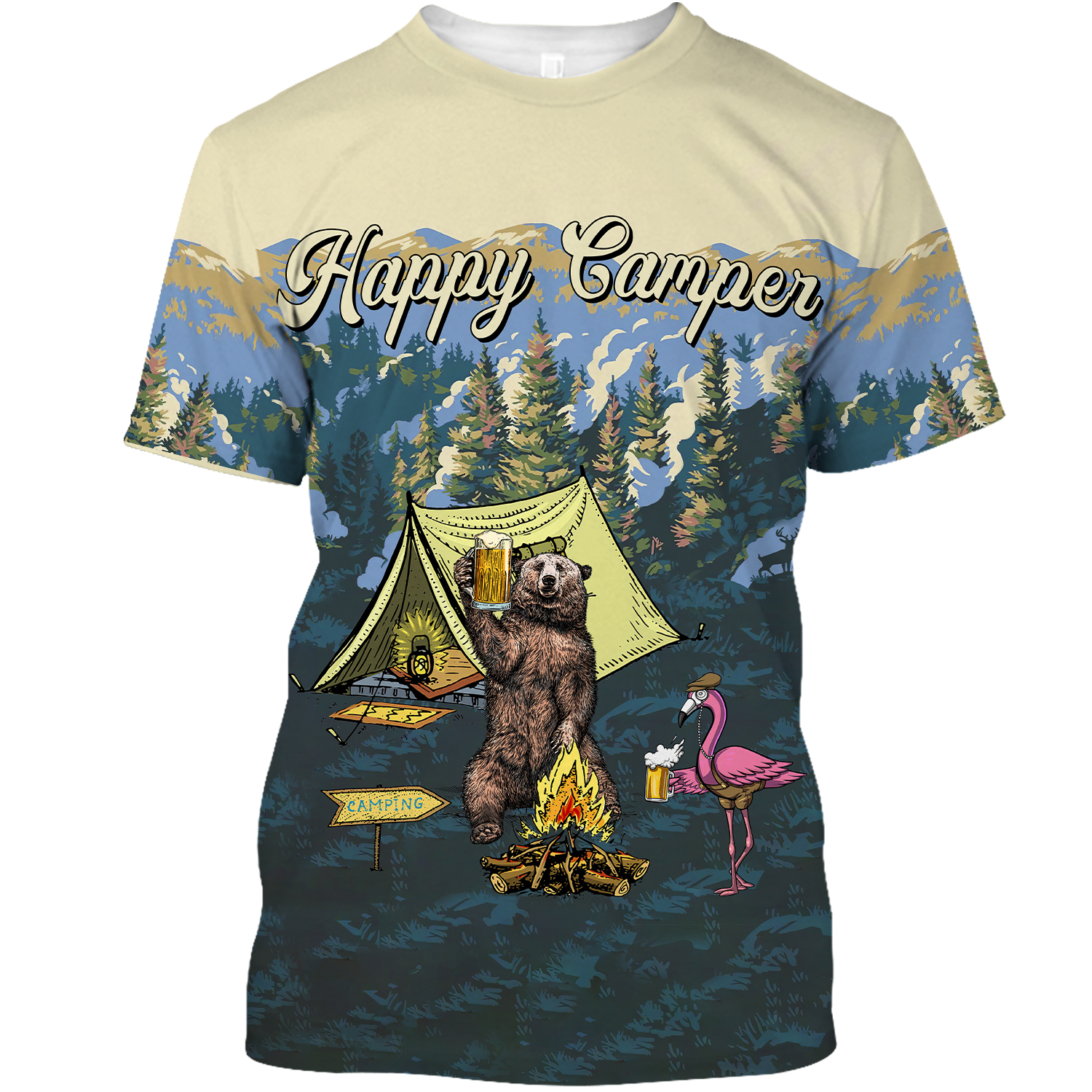 America - Happy Camper Bear & Flamingo Style Hawaii Shirt Hawaiian Shirt